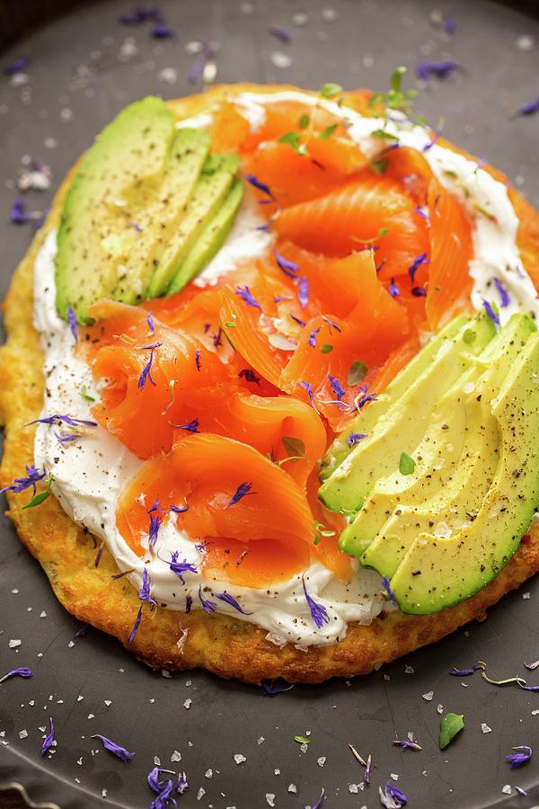 Coconut Flour Pizza With Goats Cheese, Avocado And Smoked Salmon Photograph by Sandra Krimshandl-tauscher