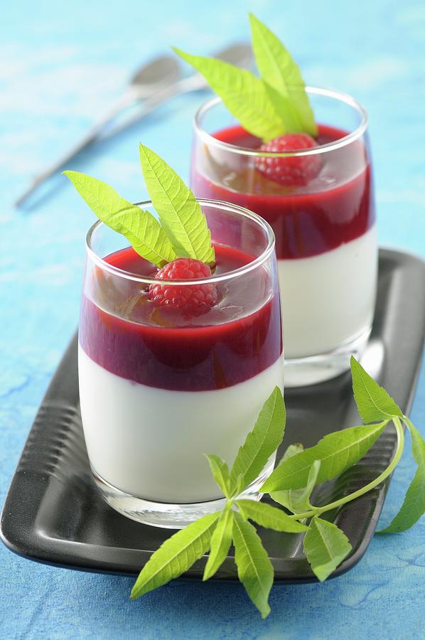 Coconut Milk Panna Cotta With Raspberry Coulis And Lemon Verbena Photograph by Jean-christophe Riou