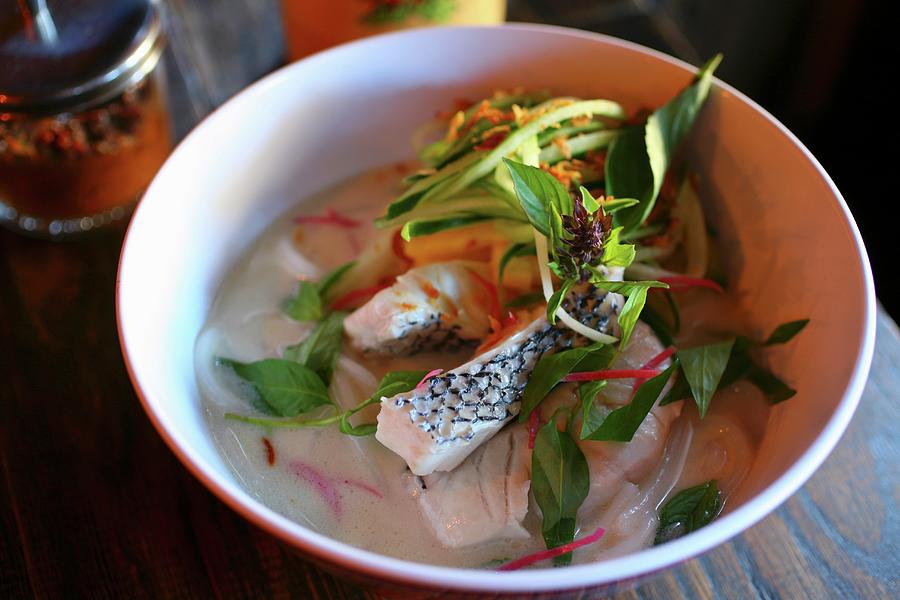 Coconut Poached Bass coconut Broth, Pineapple, Vietnamese Mint Photograph by Doug Schneider Photography