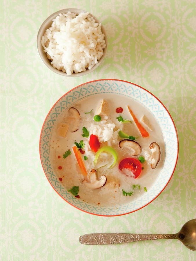 Coconut Soup With Mushrooms, Vegetables And Scented Rice asia Photograph by Udo Einenkel
