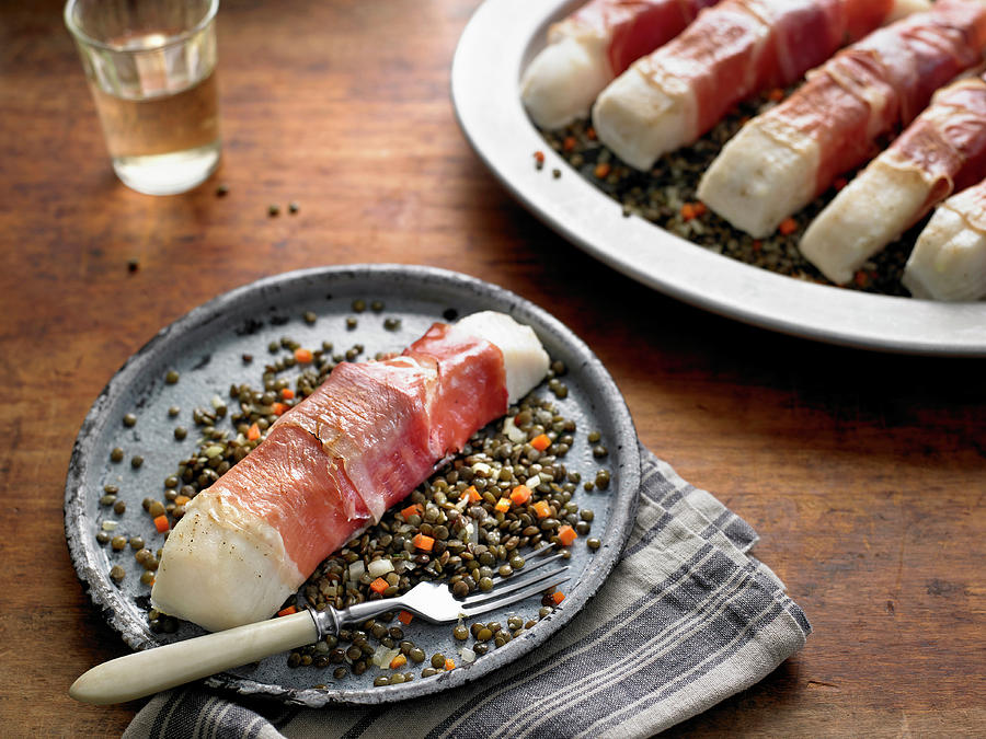 Cod Baked With Prosciutto Di Parma Over French Lentils With Garlic And Thyme Photograph by Michael Kraus