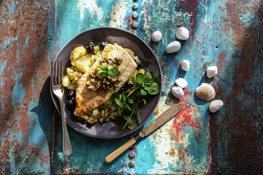 Cod Fillet With Potatoes, Olives And Capers Photograph by Lara Jane Thorpe