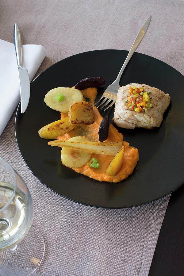 Cod Fillet With Spring Vegetables, Sweet Potato Mash And Parsnips Photograph by Duca