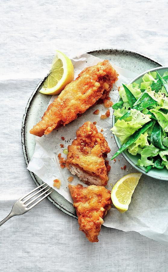 Cod In A Crispy Batter With Endive And Sugar Snap Salad Photograph by Jalag / Mathias Neubauer