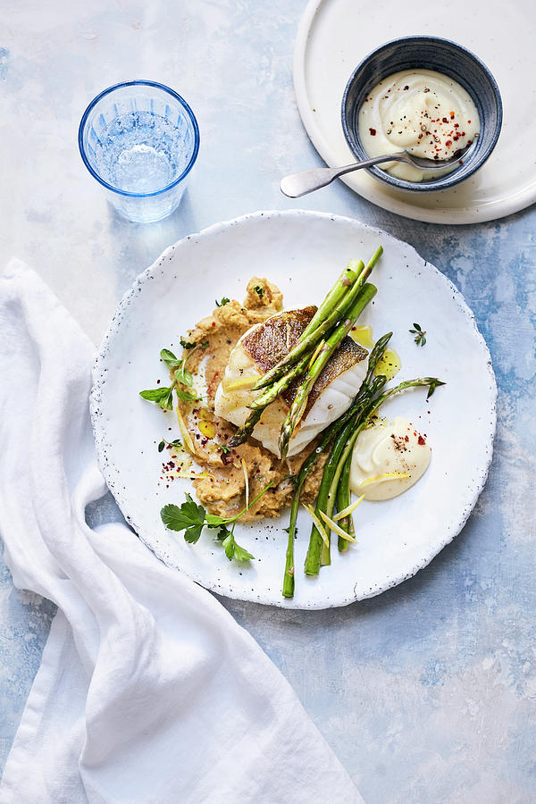 Cod With Asparagus, Mayonnaise And Lentil Cream Photograph by Stockfood Studios /  Thorsten Suedfels