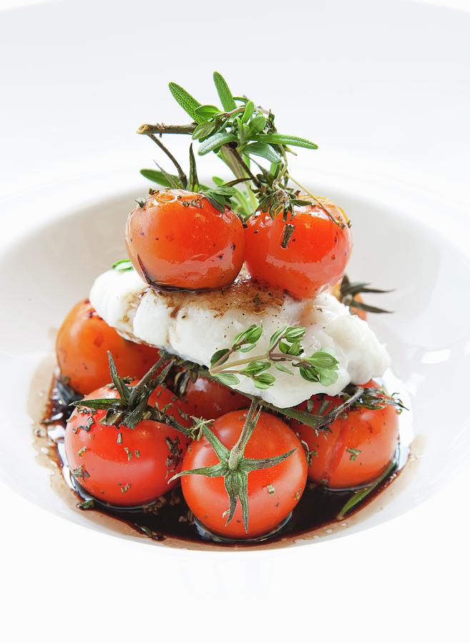Cod With Baked Cherry Tomatoes In A Balsamic Sauce Photograph by Lene-k
