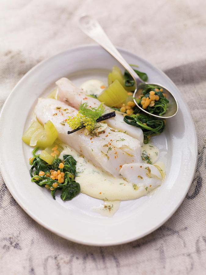 Cod With Braised Cucumber On Dill Sauce Photograph by Eising Studio