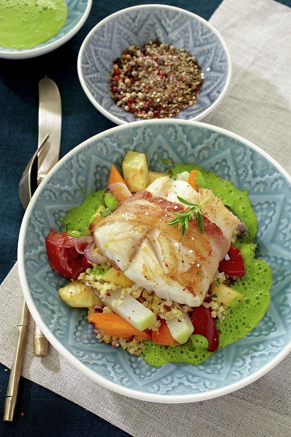 Cod Wrapped In Bacon On A Bed Of Couscous With Vegetables Photograph by Alessandra Pizzi