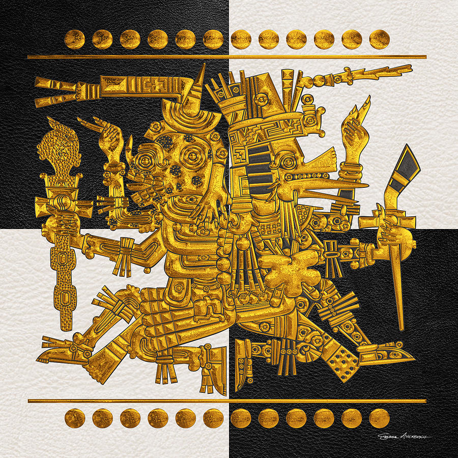 Codex Borgia Aztec Gods Gold Mictlantecuhtli With Quetzalcoatl On Black And White Leather Digital Art By Serge Averbukh