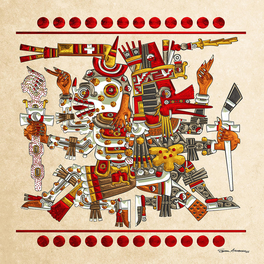 Codex Borgia Aztec Gods Mictlantecuhtli God Of Death With Quetzalcoatl Wind God On Vellum Digital Art By Serge Averbukh