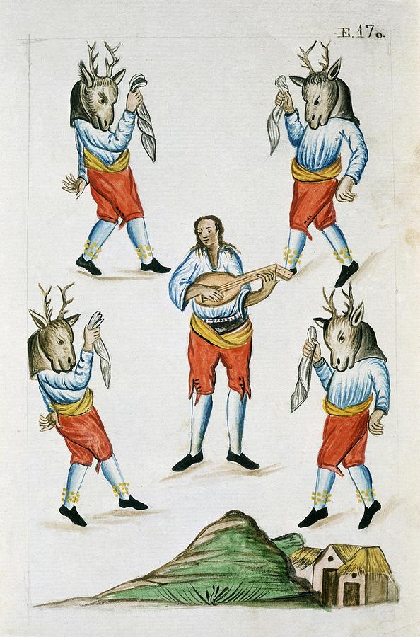 Codex Trujillo Del Peru - Book II E 170 - Dance Of The Deer - Watercolor - 18th Century. Painting by Baltasar Jaime Martinez Companon -1737-1797-
