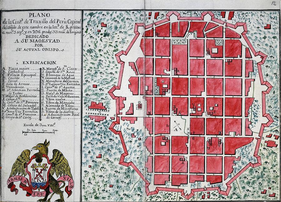 Codex Trujillo Del Peru - Volume I - Map Of The City Of Trujillo - 18th Century - 18th Century. Painting by Baltasar Jaime Martinez Companon -1737-1797-