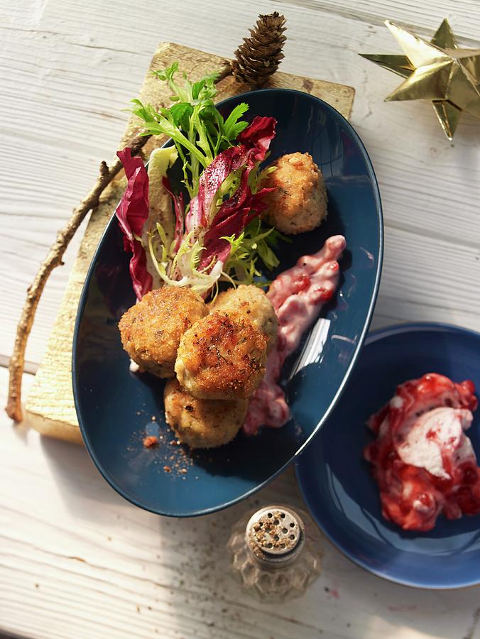 Codfish Balls With A Mixed Leaf Salad And Lingonberries sweden Photograph by Jan-peter Westermann