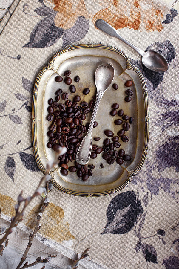 Coffee Beans And Spoon On Vintage Metal Plate Photograph by Alicja Koll