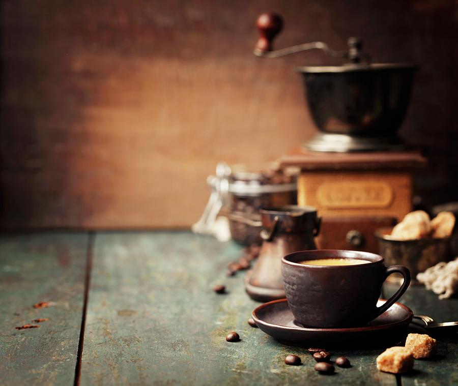Coffee Composition cup Of Coffee, Coffee Beans, Sugar And Vintage Grinder Photograph by Natalia Klenova