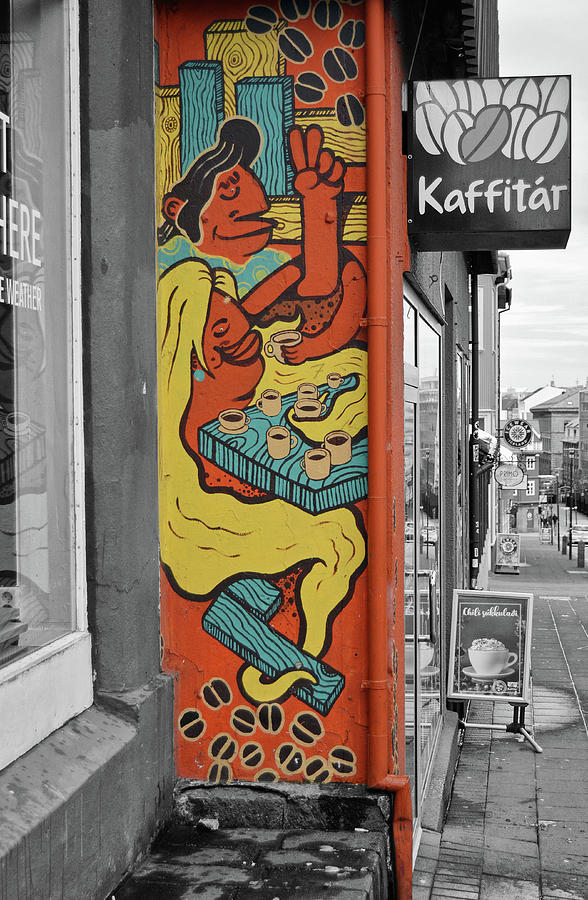 Coffee Shop Mural Street Scene Reykjavic Iceland Color Splash Digital Art Digital Art by Shawn OBrien