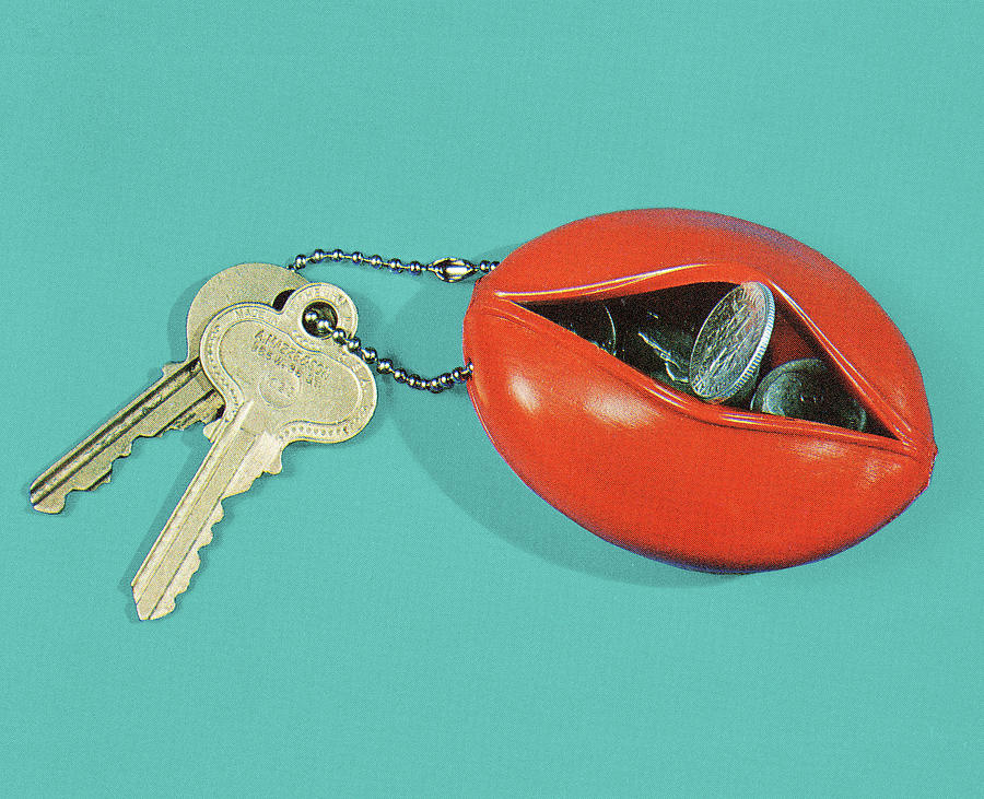 Vintage Drawing - Coin Pouch Keychain and Keys by CSA Images