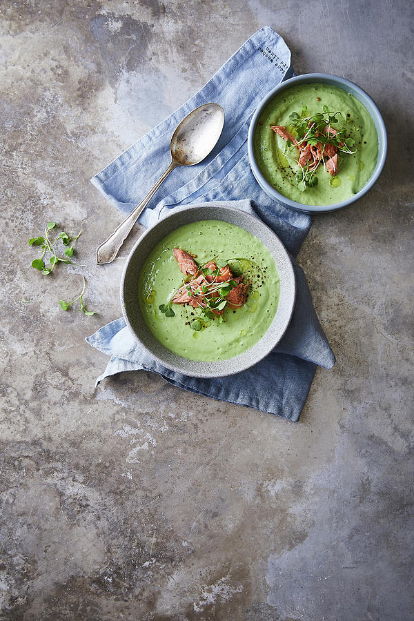 Cold Avocado And Cucumber Soup With Yoghurt, Served With Smoked Salmon Photograph by Great Stock!