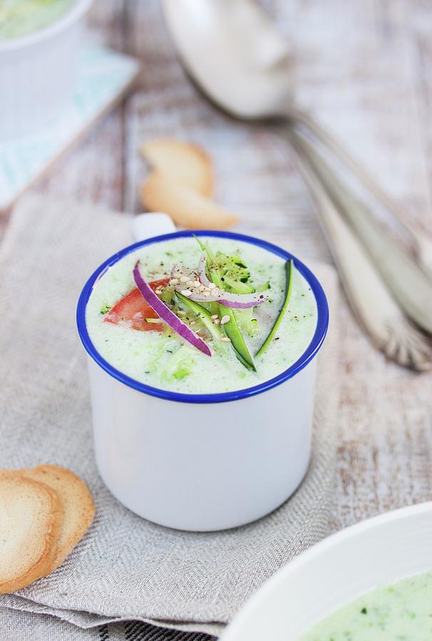 Cold Courgette And Cucumber Soup In An Enamel Mug Photograph by Valeria Aksakova