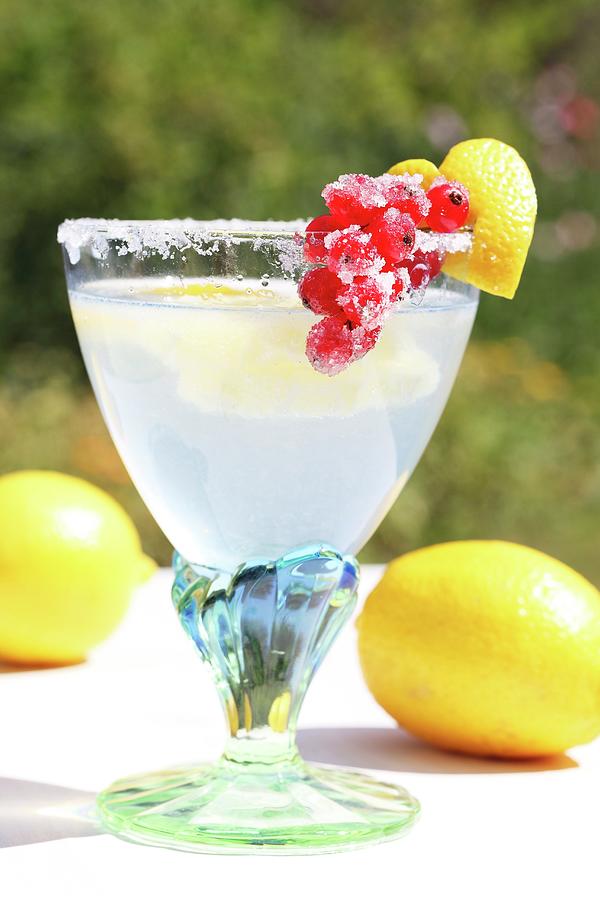 cold Duck Punch In A Glass With A Sugared Rim, Decorated With A Heart Made From Lemon Peel And With Candied Redcurrants Photograph by Johanna Von Aesch