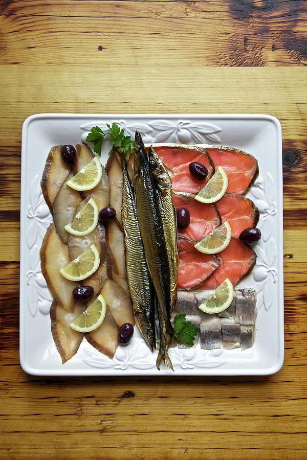 Cold Fish Platter With Herring, Salmon, Whitefish And Olives russia Photograph by Andre Baranowski