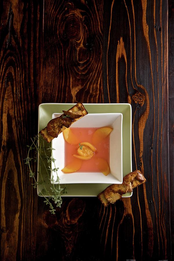 Cold Nectarine Soup With Goose Liver Croutons Photograph by Andre Baranowski