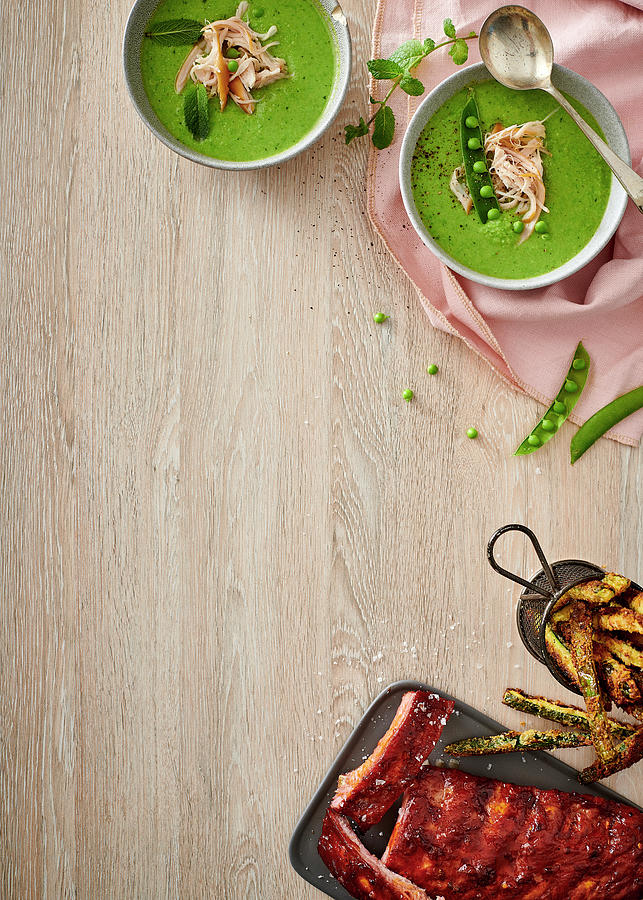 Cold Pea Soup With Smoked Shredded Chicken, Barbecue Pork Ribs With Baby Marrow Chips Photograph by Great Stock!