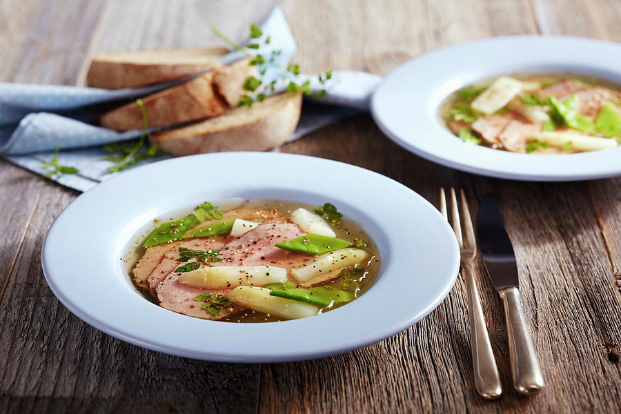 Cold Plate Saute With Cooked Veal, Asparagus And Mangetouts Photograph by Teubner Foodfoto