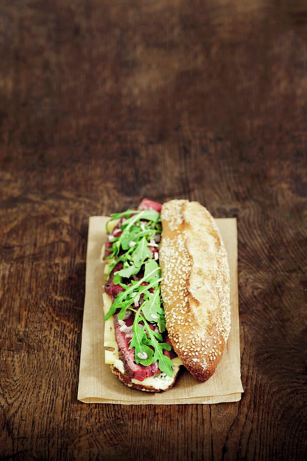 Cold Roast Beef, Gruyre And Rocket Lettuce Sesame Bread Sandwich Photograph by Garnier