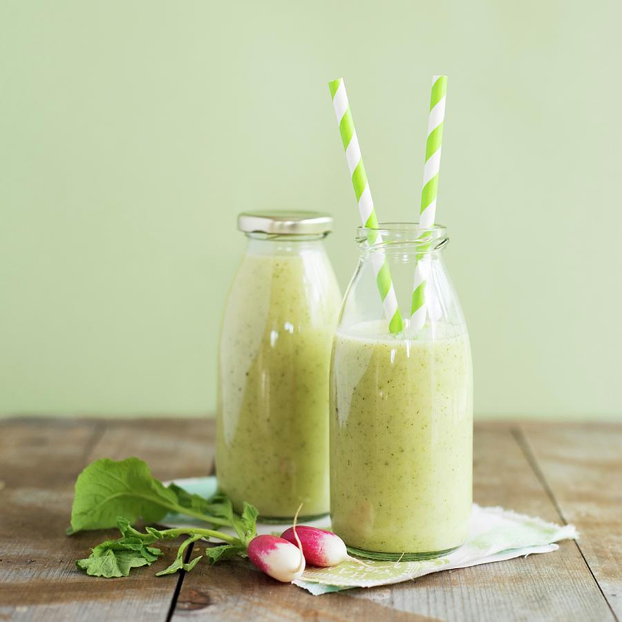 Cold Soup With Courgettes And Goat's Cream Cheese In Bottles With