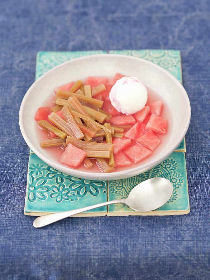 Cold Watermelon And Rhubarb Soup With Strawberry And Vanilla Ice Cream Photograph by Rua Castilho