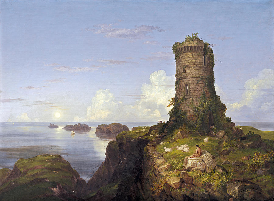 Italian Coast Scene with Ruined Tower, 1838 #1 Painting by Thomas Cole