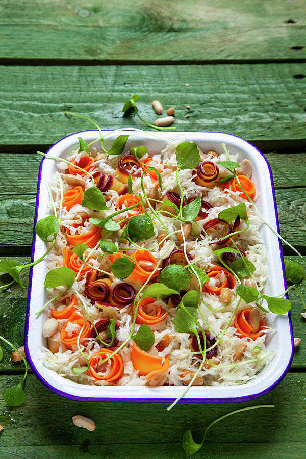 Coleslaw With Colorful Carrots, Peanuts And Purslane Photograph by Julia Skowronek