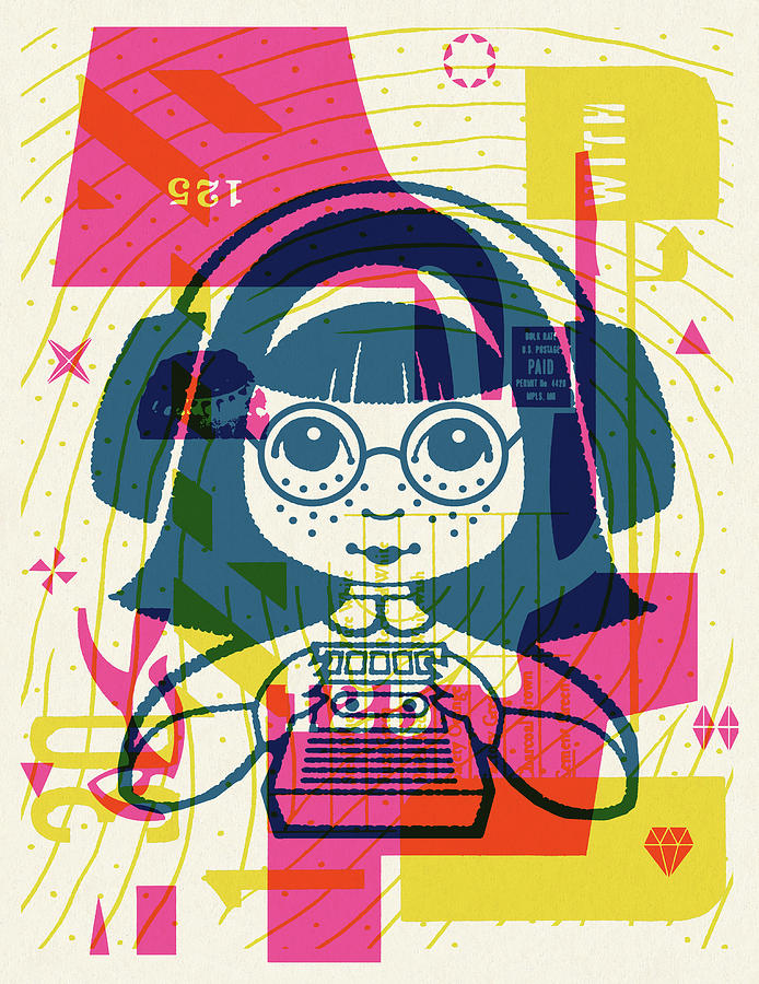 Abstract Drawing - Collage illustration of girl with tape recorder by CSA Images