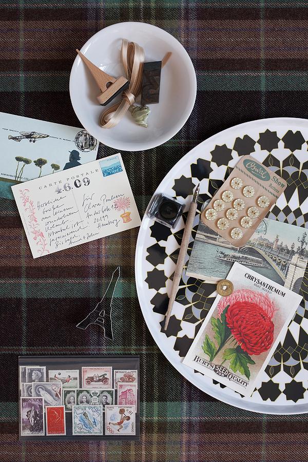 Collection Of Craft Utensils, Nostalgic Postage Stamps, Postcards, Buttons And Stamps Photograph by Alexandra Loock
