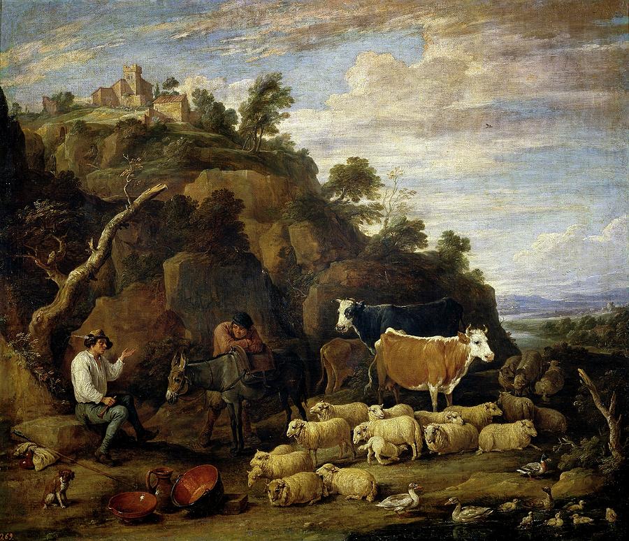Coloquio pastoril, 17th century, Flemish School, Oil on canvas, 75 cm x 89 cm, ... Painting by David Teniers the Younger -1610-1690-