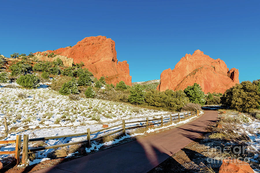 Colorado Garden of the Gods Twin Peaks Snowy Trail in the Morning Photograph by Aloha Art