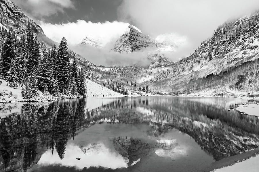 Colorado Mountain Landscape - Maroon Bells Monochrome Photograph by Gregory Ballos