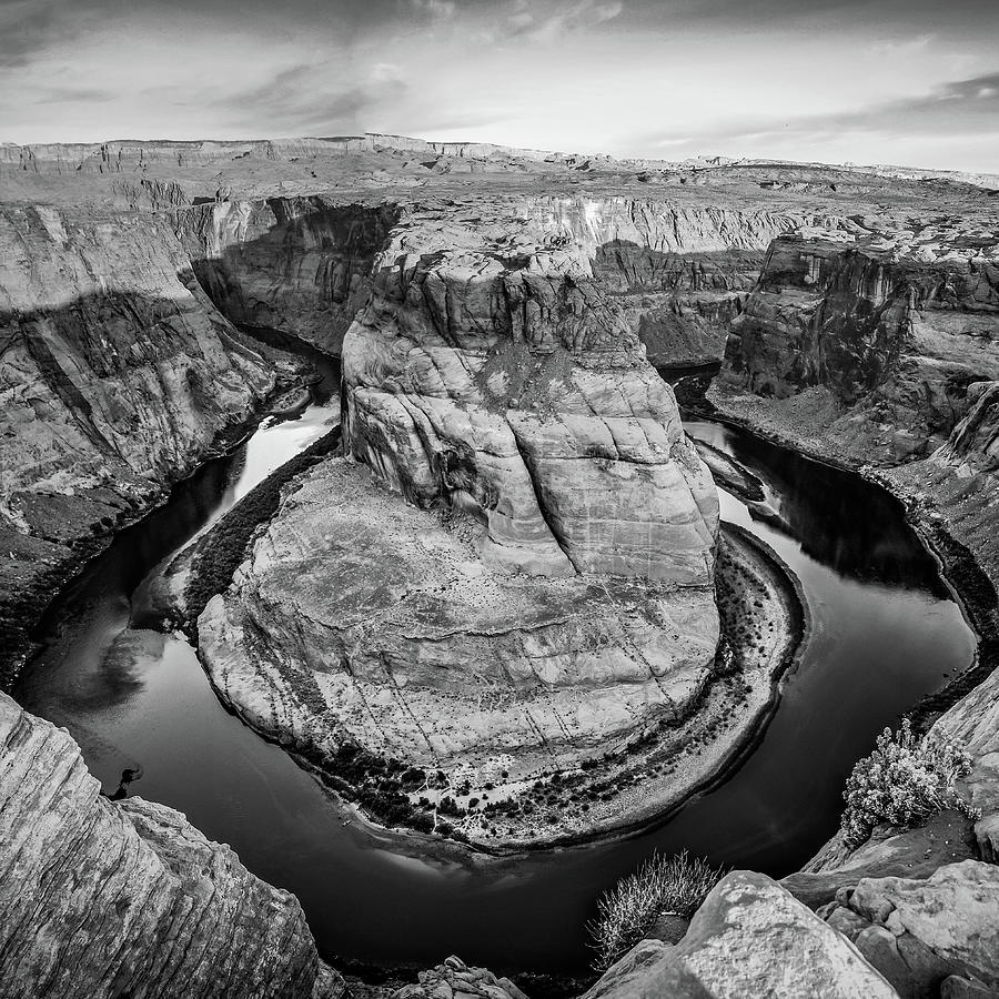 Black And White Photograph - Colorado River Winding Around Horseshoe Bend - Monochrome by Gregory Ballos
