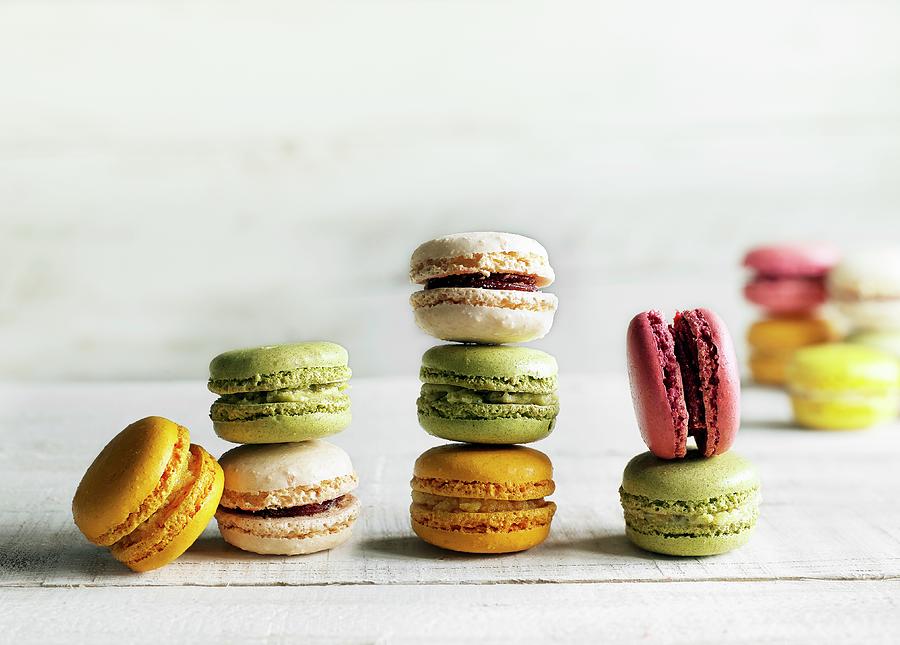 Colored Macaroon Cookies Stacked Photograph by Alex Luck