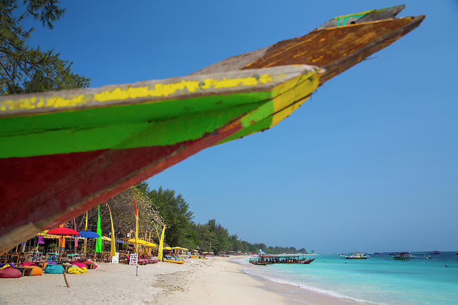 Colorful Beach Umbrellas And Fishing Boat, Gili Trawangan, Lombok,  Indonesia by Russ Rohde