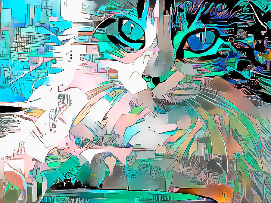 Colorful Blue Cat Etch Digital Art by Don Northup