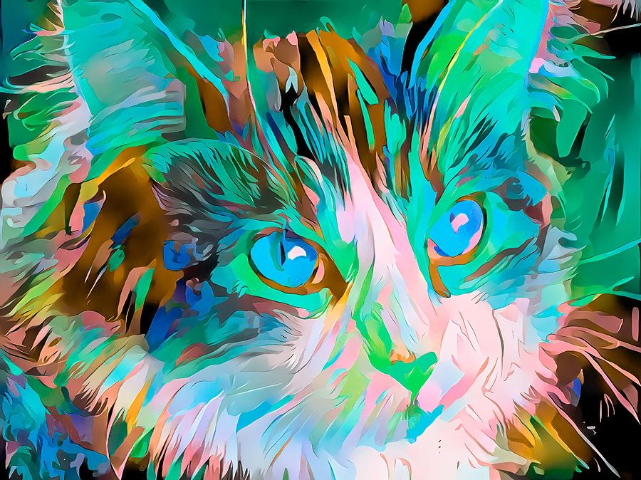 Colorful Cat Face Abstract Blue Eyes Digital Art by Don Northup