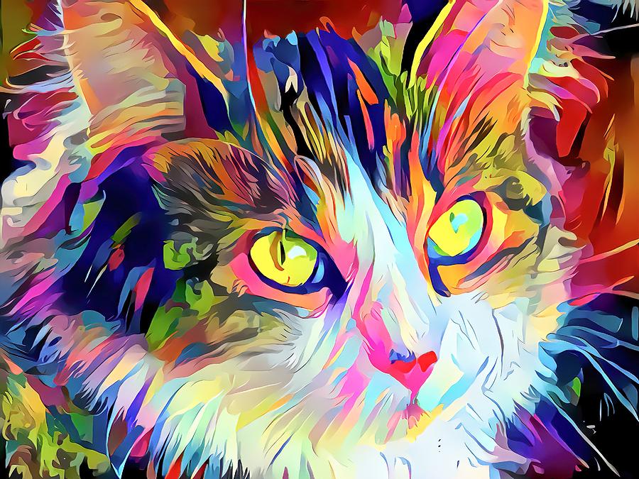 Colorful Cat Face Abstract Yellow Eyes Digital Art by Don Northup