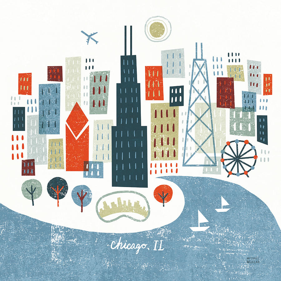Airplane Drawing - Colorful Chicago by Michael Mullan