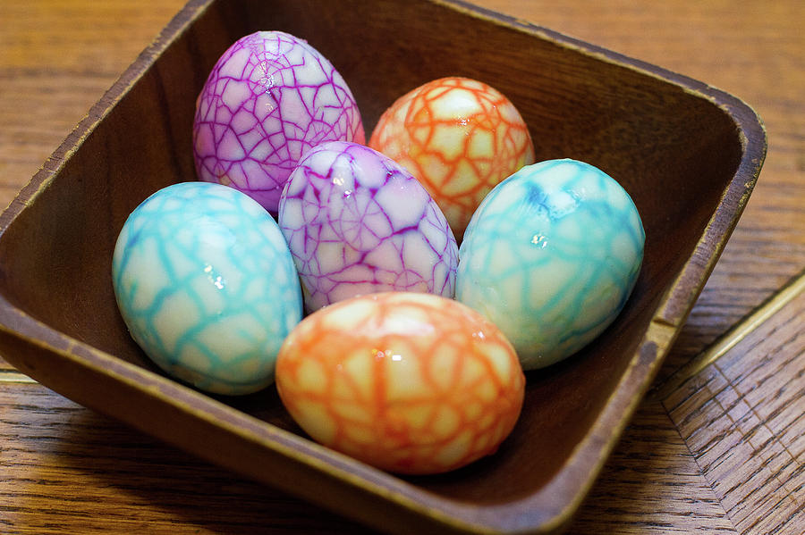 Easter Photograph - Colorful cracked design Easter Eggs in Bowl by Rob Casey