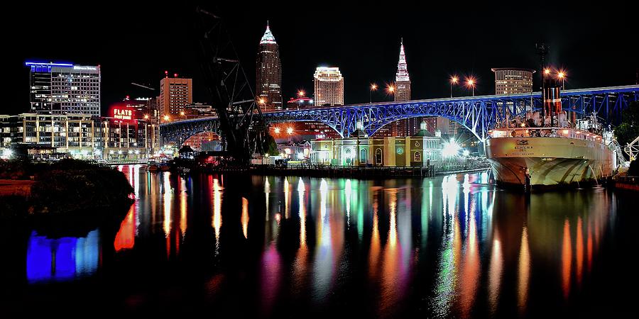 Colorful Cuyahoga on a Black Night in CLE Photograph by Frozen in Time Fine Art Photography