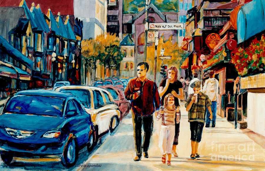Colorful Downtown City Scene Painting Family Stroll Summer Streets C Spandau Urban Canadian Artist Painting by Carole Spandau