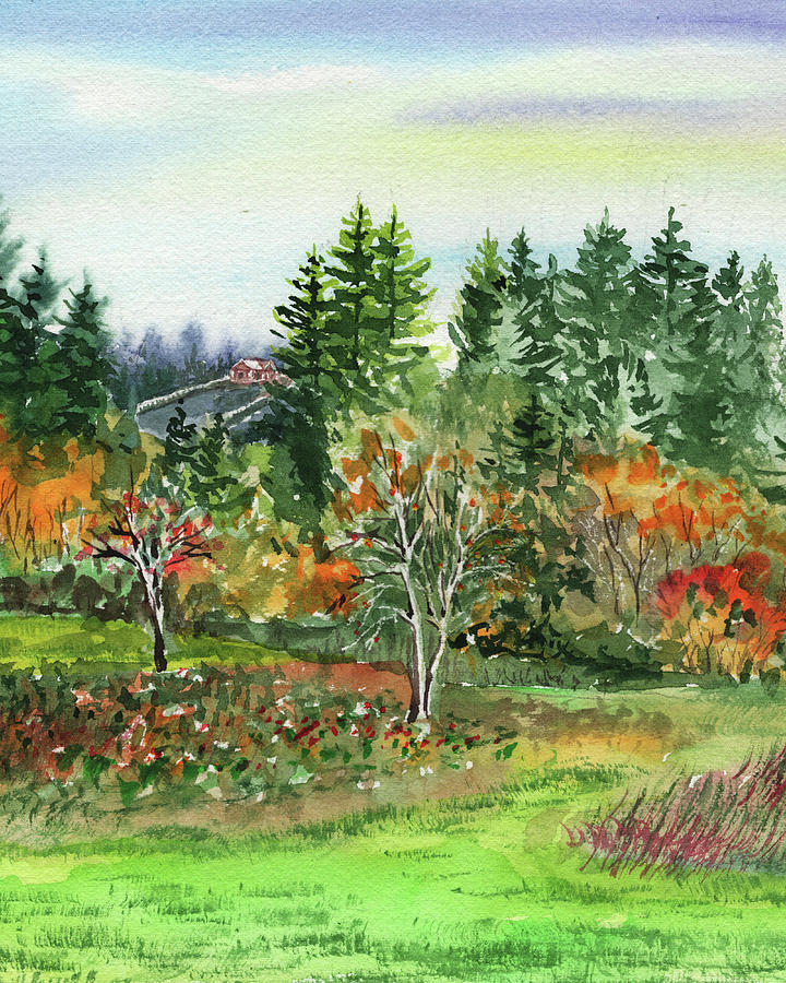 Colorful Fall Watercolor Landscape Painting by Irina Sztukowski
