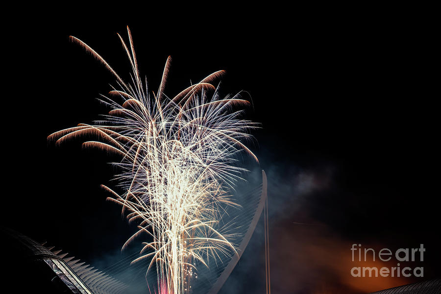 Colorful Fireworks Over The Night City, Free Black Space For Text. Photograph